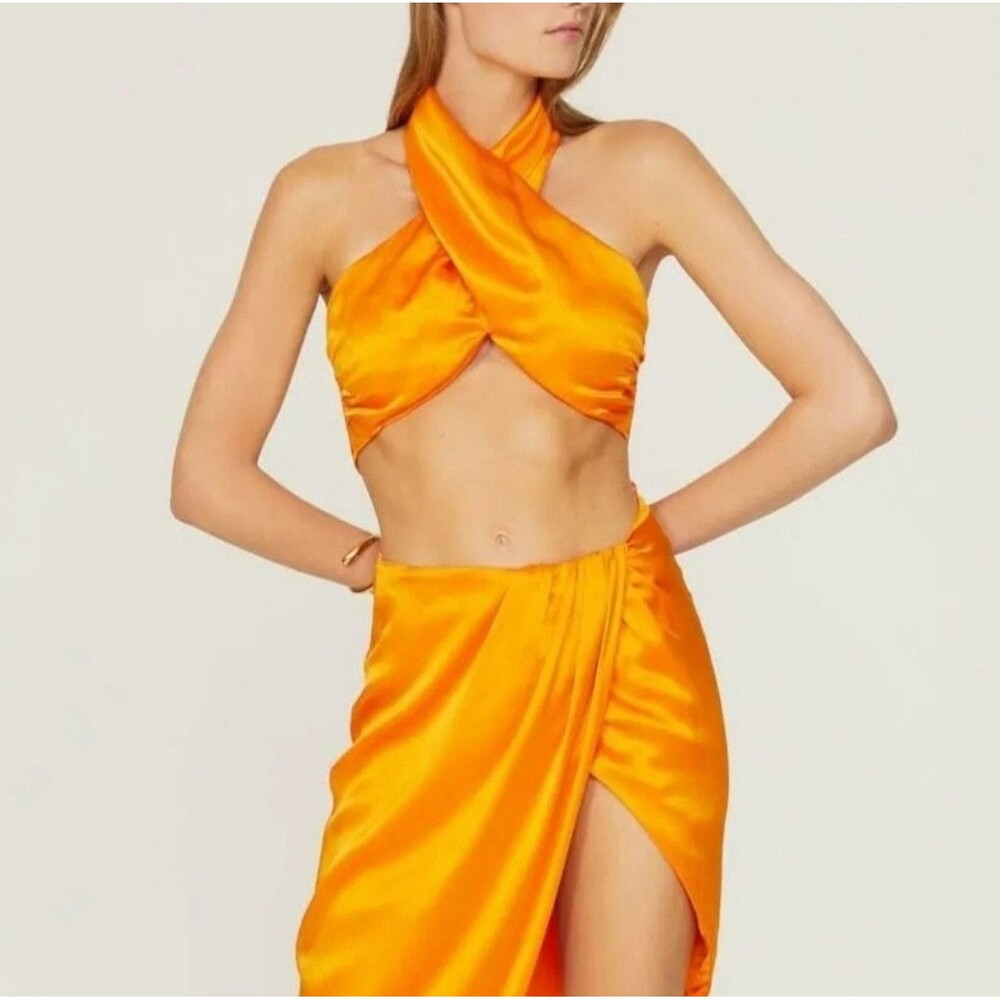NICHOLAS Orange Silk Twist Halter Crop Top
